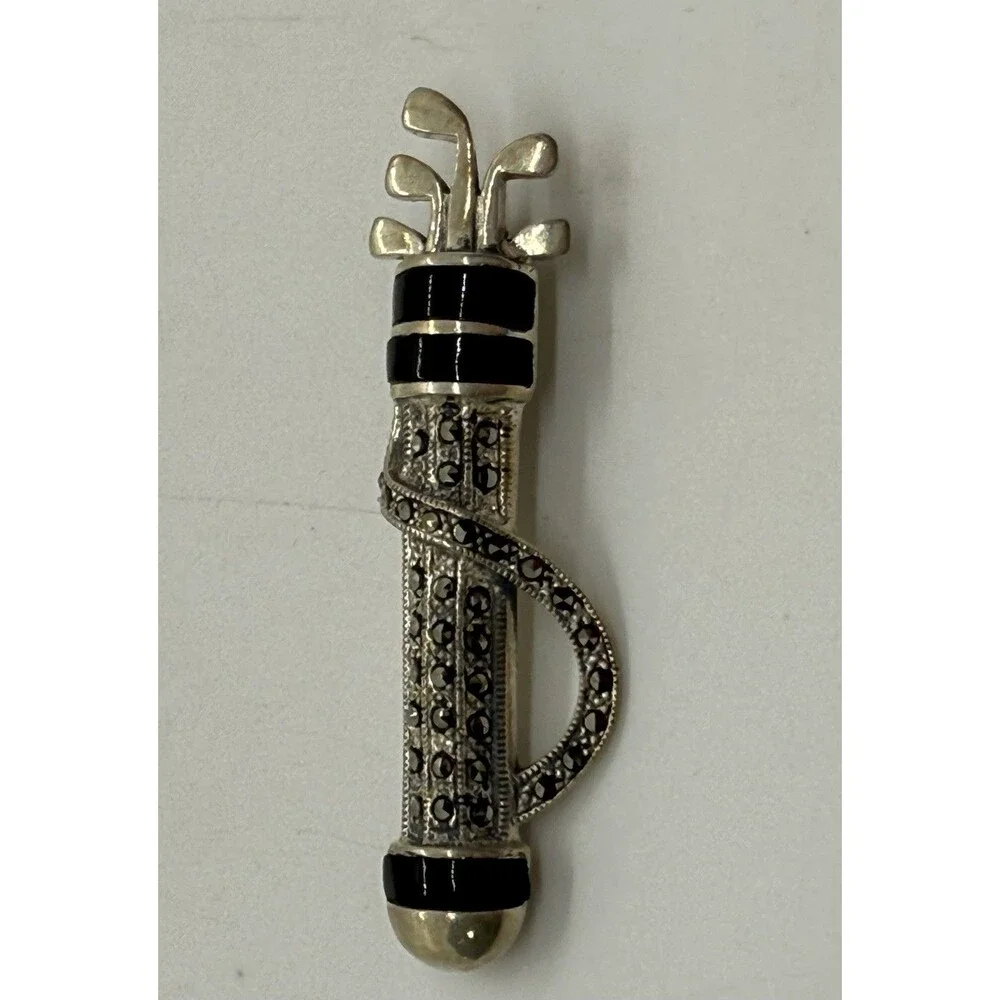 Sterling Silver‎ Marcasite And Black Enamel Golf Bag Brooch Rare Signed 925 KE